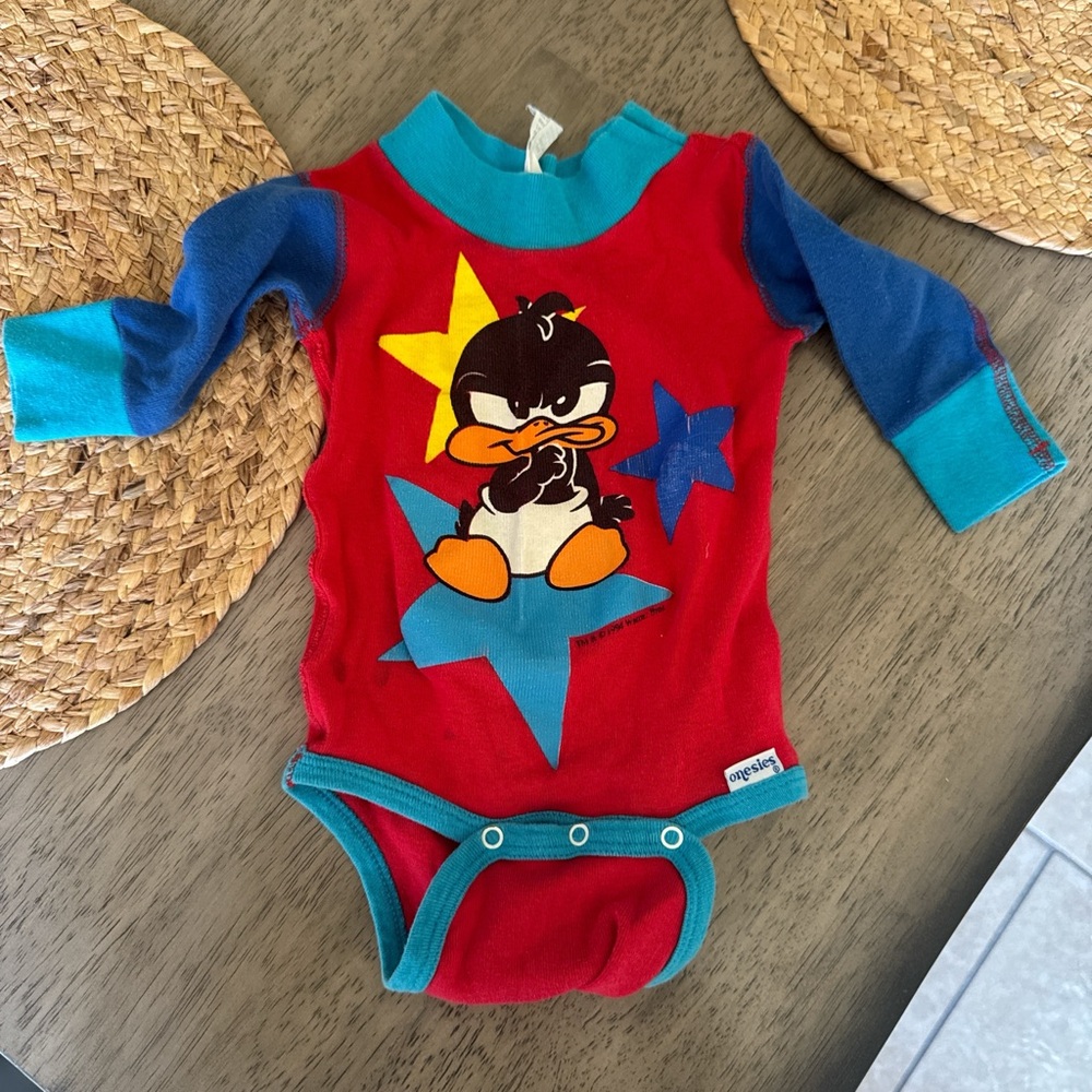 Vintage Baby Onesie with Daffy Duck Graphic - Red & Blue